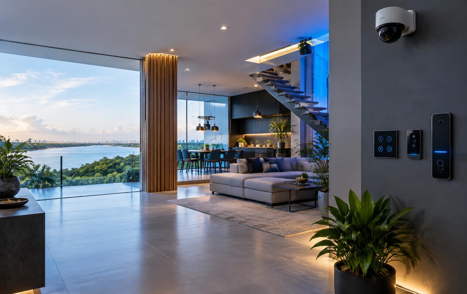 Ambiente moderno com automação residencial, câmera e controle de acesso